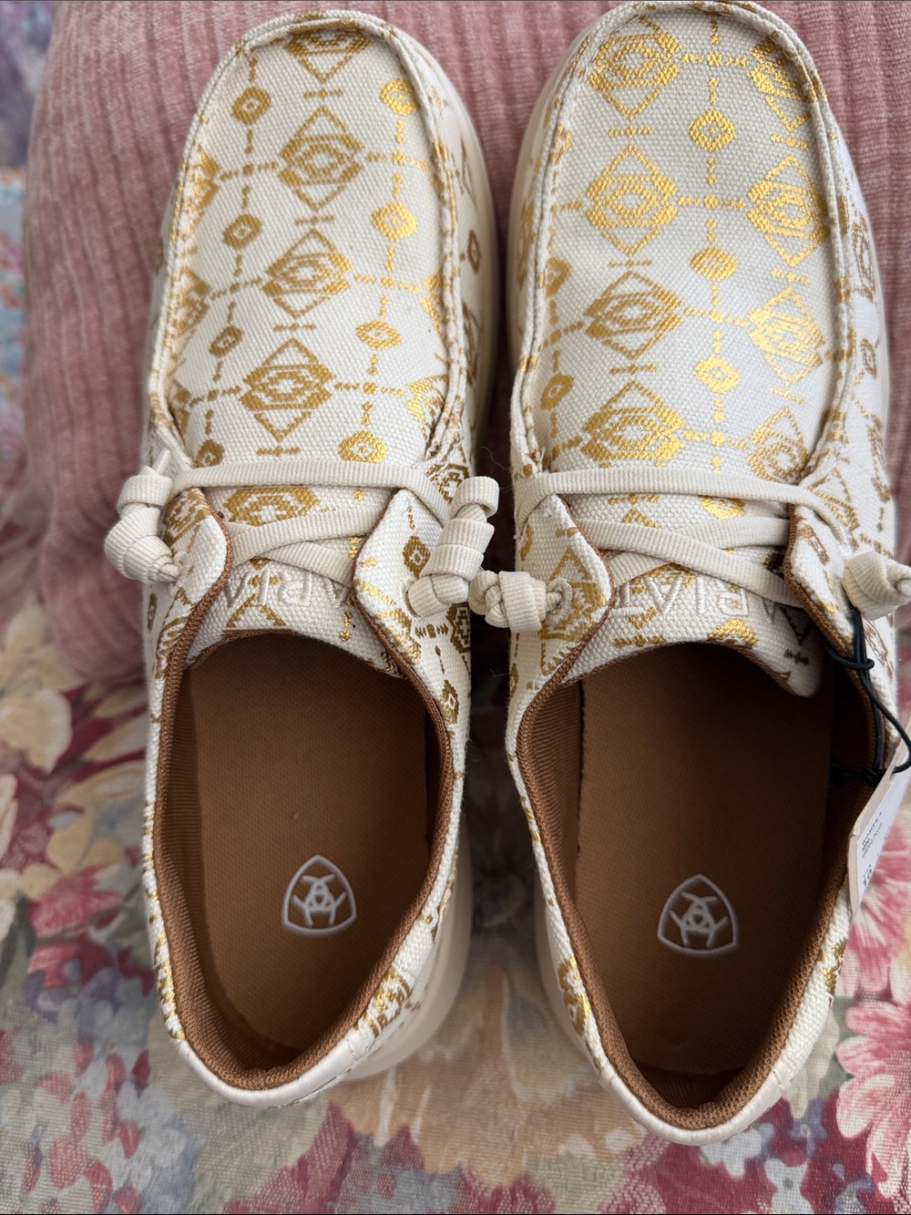 Ariat Cream Slip-On Flats with Gold Geometric Accents. Brand New. Size 10.